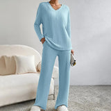 Damen Geripptes Strick Set mit V-Ausschnitt Langen Ärmeln und Weiter Hose – Blau