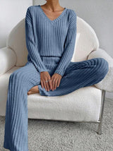 Damen Geripptes Strick Set mit V-Ausschnitt Langen Ärmeln und Weiter Hose – Marineblau