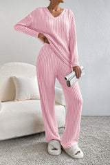 Damen Geripptes Strick Set mit V-Ausschnitt Langen Ärmeln und Weiter Hose – Rosa