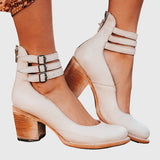Damen Geschlossene Ankle-Boots mit Seitlichen Ausschnitten, Drei Schnallenriemen und Blockabsatz – Weiß