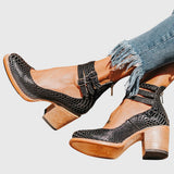 Damen Geschlossene Ankle-Boots mit Seitlichen Ausschnitten, Drei Schnallenriemen und Blockabsatz – Schwarze Schlange