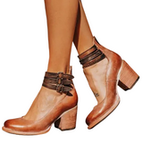 Damen Geschlossene Ankle-Boots mit Seitlichen Ausschnitten, Drei Schnallenriemen und Blockabsatz – Dunkelbraun