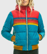 Damen Gesteppte Colorblock Jacke mit Streifen und Teddyfutter – Blau