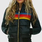 Damen Gesteppte Colorblock Jacke mit Streifen und Teddyfutter – Schwarz