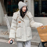 Damen Gesteppte Pufferjacke mit Kapuze Frontreißverschluss Brusttasche und Seitentaschen – Beige