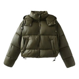 Damen Gesteppte Pufferjacke mit Kapuze Knopfverschluss und Kordelzug am Saum – Armygrün