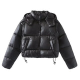 Damen Gesteppte Pufferjacke mit Kapuze Knopfverschluss und Kordelzug am Saum – Schwarz