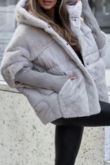 Damen Gesteppte Winterjacke mit Kapuze und Plüscheinsätzen – Grau