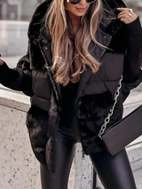 Damen Gesteppte Winterjacke mit Kapuze und Plüscheinsätzen – Schwarz