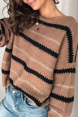 Damen Gestreifter Pullover mit Rundhalsausschnitt und Kontraststreifen – Khaki