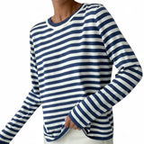 Damen Gestreiftes Langarmshirt mit Rundhals – Blau