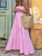 Damen Gestreiftes Maxikleid mit Bindebandträgern und Gerafftem Oberteil und Stufenrock – Rosa