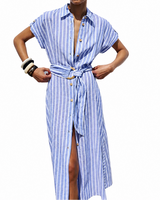 Damen Gestreiftes Midikleid mit Knopfleiste – Hellblau