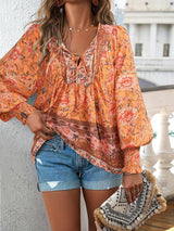 Damen Hemd mit Blumenmuster und V-Ausschnitt – Orange