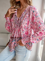 Damen Hemd mit Blumenmuster und V-Ausschnitt – Rosa