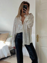 Damen Hemdbluse mit Paillettenbesatz Hemdkragen Langen Ärmeln und Knopfverschluss – Weiß