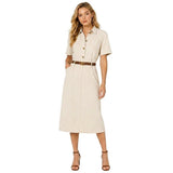 Damen Hemdblusenkleid in Midilänge mit kurzen Ärmeln und Gürtel – Beige