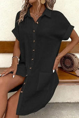 Damen Hemdblusenkleid mit Kragen Kontrastknöpfen Kurzen Ärmeln und Seitentaschen – Schwarz