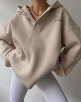 Damen Hoodie mit Kapuze V-Ausschnitt Polokragen und Bündchen – Beige