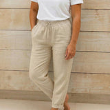 Damen Hose mit elastischem Bund und Kordelzug – Beige