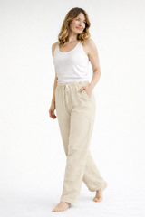 Damen Hose mit geradem Bein, elastischem Bund und Kordelzug – Khaki
