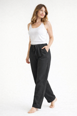 Damen Hose mit geradem Bein, elastischem Bund und Kordelzug – Schwarz
