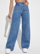 Damen Hose mit hohem Bund weitem Bein Knopfverschluss und Fronttaschen – Dunkelblau