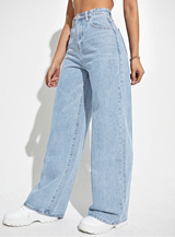 Damen Hose mit hohem Bund weitem Bein Knopfverschluss und Fronttaschen – Hellblau