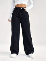 Damen Hose mit hohem Bund weitem Bein Knopfverschluss und Fronttaschen – Schwarz