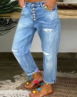 Damen Hose mit Öffnungen an Knien und Oberschenkeln und Knopfverschluss – Blau