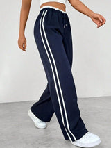 Damen Hose mit Seitenstreifen und elastischem Bund – Dunkelblau