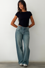 Damen Hose mit Weitem Bein Knopfverschluss Gürtelschlaufen und Fünf-Taschen-Aufteilung – Blau