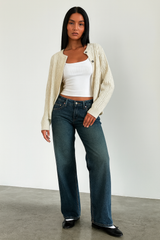 Damen Hose mit Weitem Bein Knopfverschluss Gürtelschlaufen und Fünf-Taschen-Aufteilung – Dunkelblau