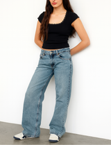 Damen Hose mit Weitem Bein Knopfverschluss Gürtelschlaufen und Fünf-Taschen-Aufteilung – Hellblau