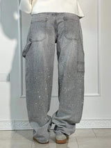 Damen Hose mit weitem Bein Strassbesatz Seitentasche mit Klappe und Knopfverschluss – Grau