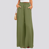 Damen Hose mit weitem Bein und elastischem Bund mit Kordelzug – Grün