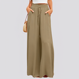 Damen Hose mit weitem Bein und elastischem Bund mit Kordelzug – Dunkelgrün