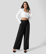 Damen Hose mit weitem Bein und Falten an der Vorderseite – Schwarz