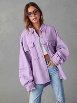 Damen Jacke mit Hemdkragen Knöpfen und Rohsaum Abschlüssen – Violett