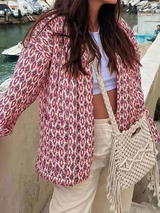 Damen Jacke mit Offenem Ausschnitt und Geometrischem Muster und Aufsetztaschen – Rot