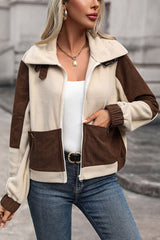 Damen Jacke mit Reißverschluss Umlegekragen und Zweifarbigem Farbblock Muster – Cremefarben