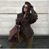 Damen Jacke mit Revers und Schulterpolstern sowie Einknopfverschluss – Braun