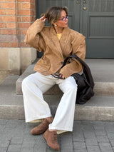 Damen Jacke mit Revers und Schulterpolstern sowie Einknopfverschluss – Khaki