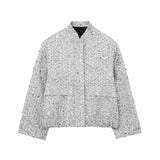 Damen Jacke mit Stehkragen und Pailletten und Klappentaschen – Silber