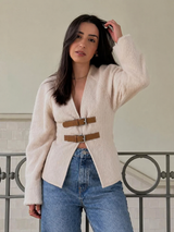Damen Jacke mit V Ausschnitt und Schnallenverschluss – Beige