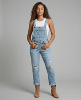 Damen Jeans-Latzhose mit Brusttasche und verstellbaren Trägern – Hellblau
