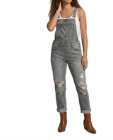 Damen Jeans-Latzhose mit Brusttasche und verstellbaren Trägern – Grau