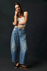 Damen Jeans mit weitem Bein und klassischer Taschenanordnung – Dunkelblau