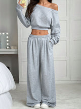 Damen Jogginganzug Set mit Schulterfreiem Oberteil und Weitem Hosenbein und Kordelzug – Grau