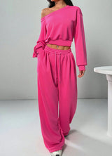 Damen Jogginganzug Set mit Schulterfreiem Oberteil und Weitem Hosenbein und Kordelzug – Rosenrot